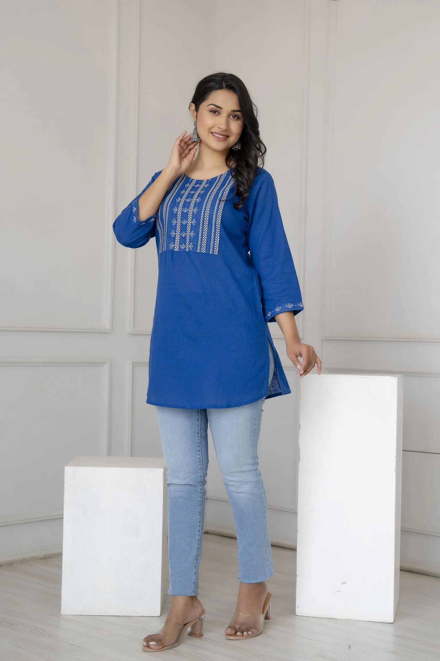 Women Blue Embroidered Straight Tunic