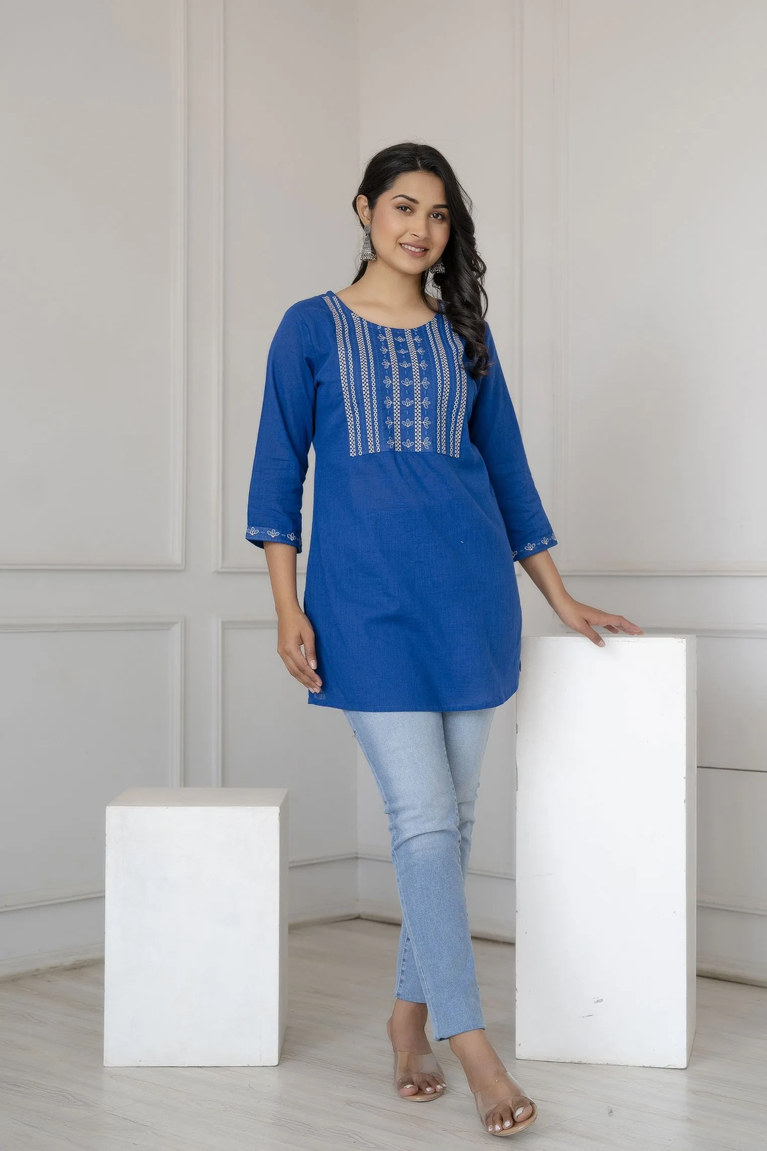 Women Blue Embroidered Straight Tunic