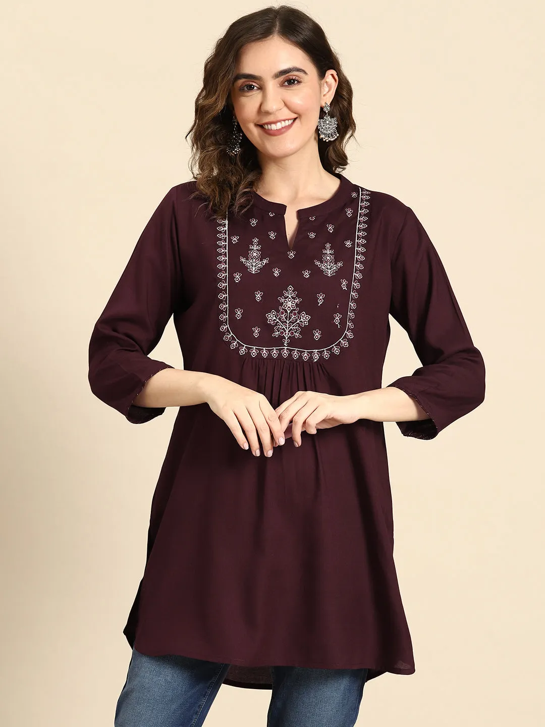 Women Burgundy Embroidered Yoke Straight Tunic With Three Quarter Sleeves