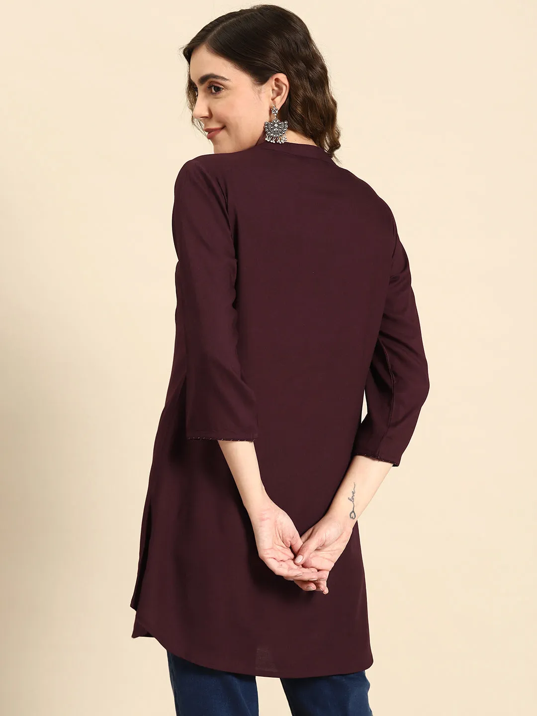 Women Burgundy Embroidered Yoke Straight Tunic With Three Quarter Sleeves