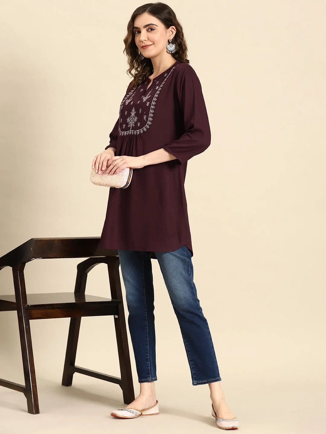 Women Burgundy Embroidered Yoke Straight Tunic With Three Quarter Sleeves