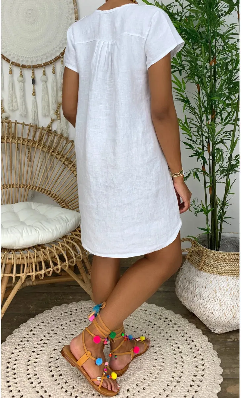 Women Linen Summer Loose Mini Dress Short Sleeve V Neck Holiday Beach Casual Sexy White Dress Vintage Boho Streetwear Vestidos