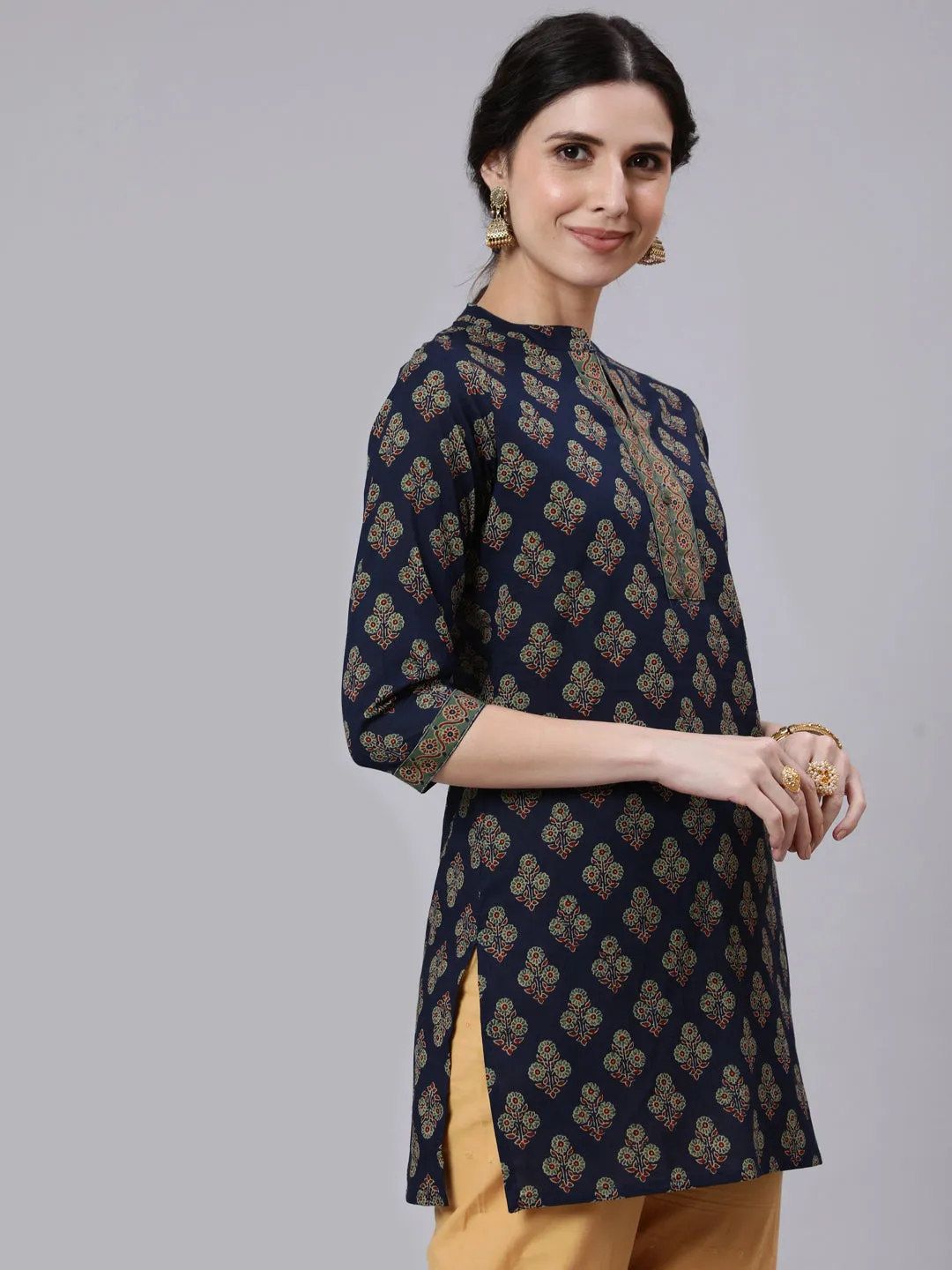 Women Navy Blue Ethnic Printed Straight Tunic