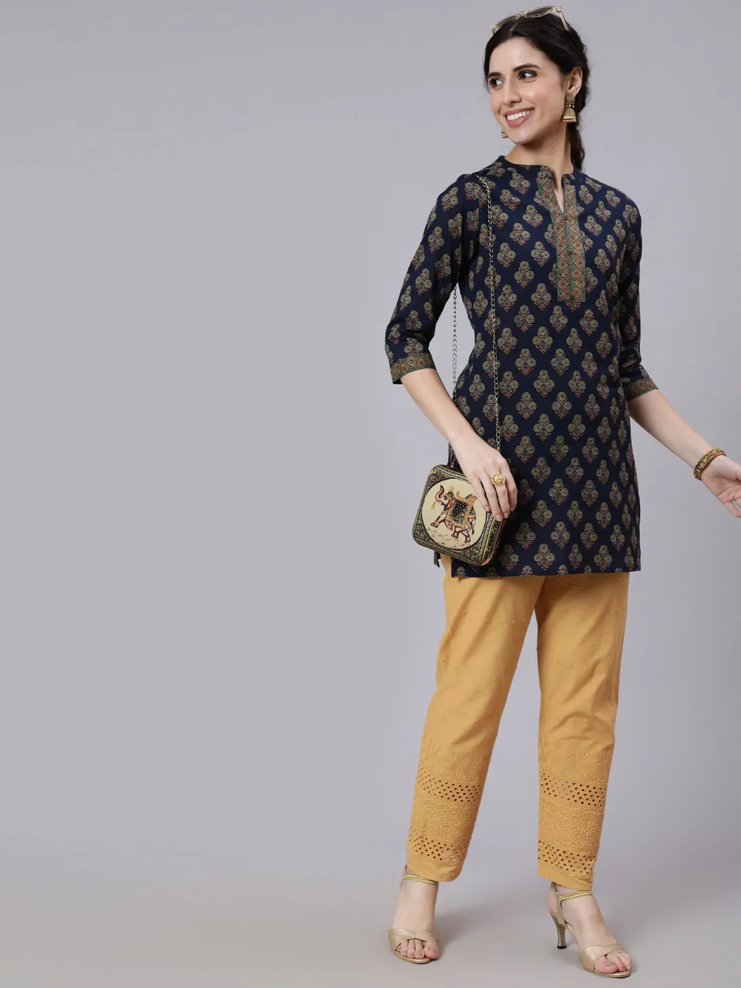 Women Navy Blue Ethnic Printed Straight Tunic