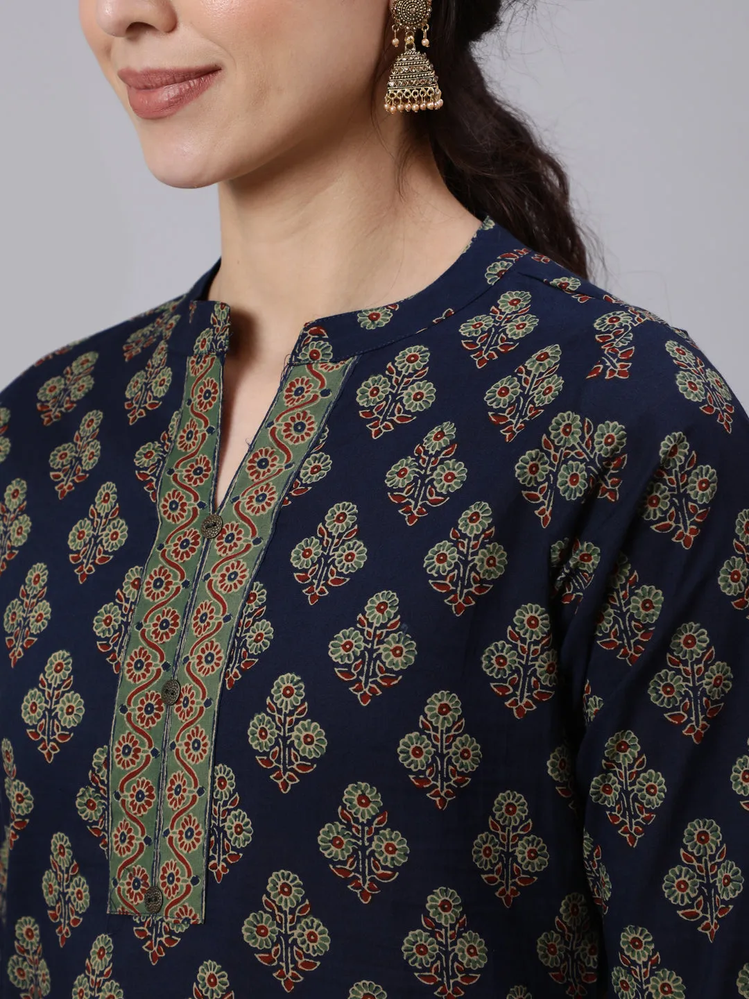 Women Navy Blue Ethnic Printed Straight Tunic