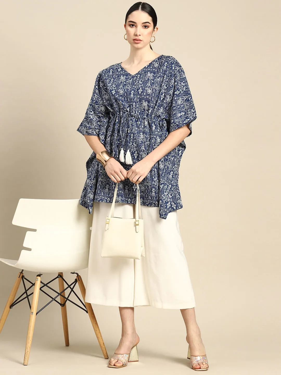 Women Navy Blue Printed Traight Kaftan Tunic