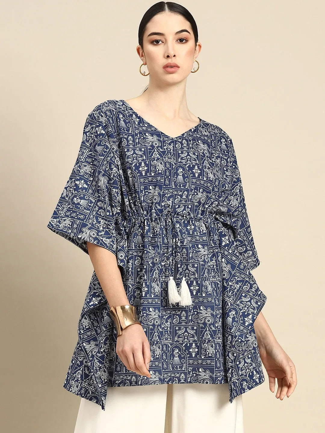 Women Navy Blue Printed Traight Kaftan Tunic