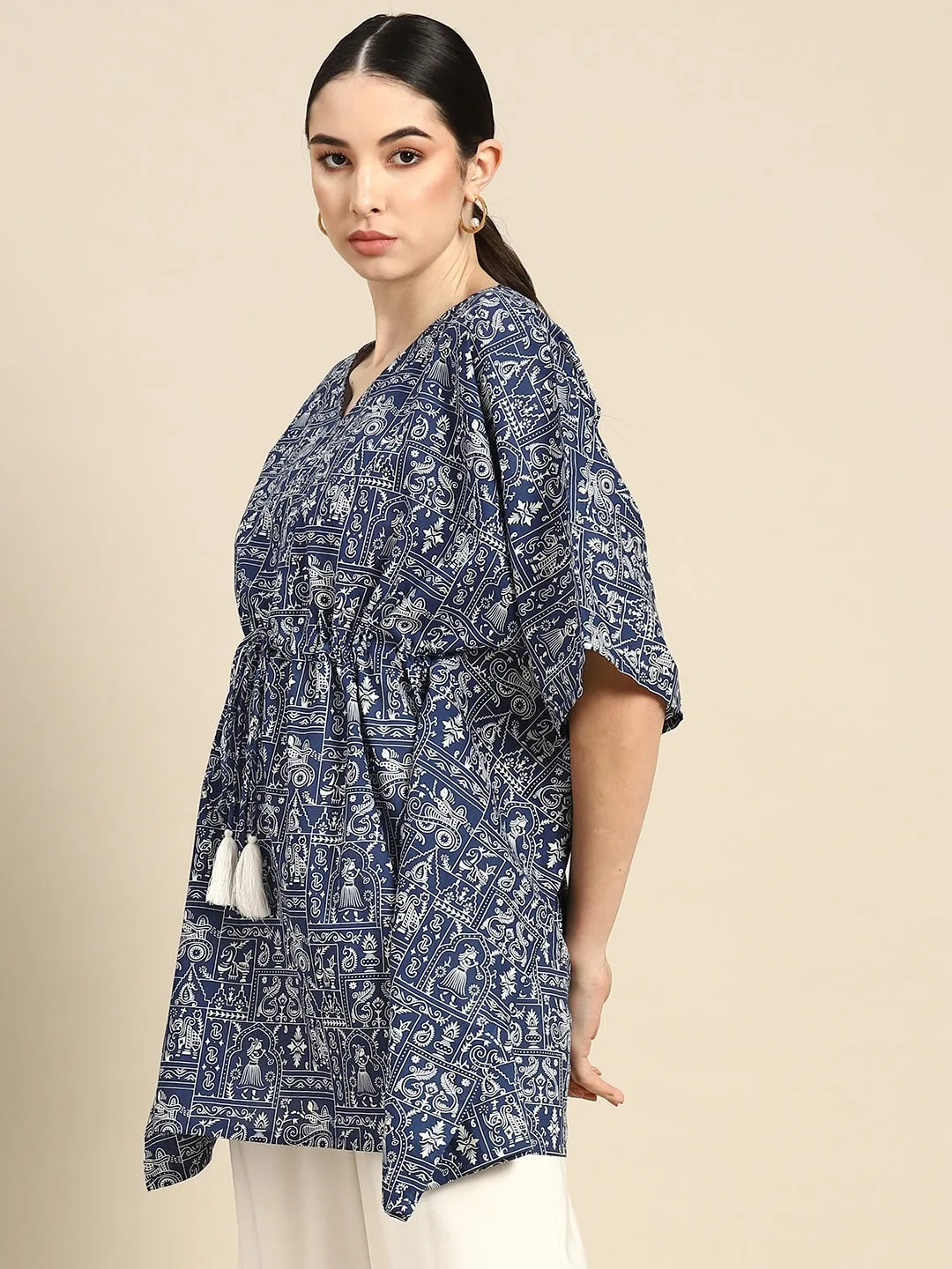 Women Navy Blue Printed Traight Kaftan Tunic