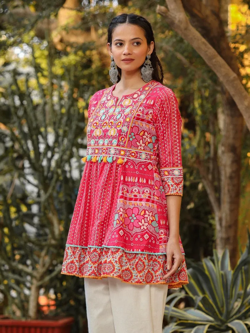 Women Pink Cotton Cambric Printed & Embroidered Tunic