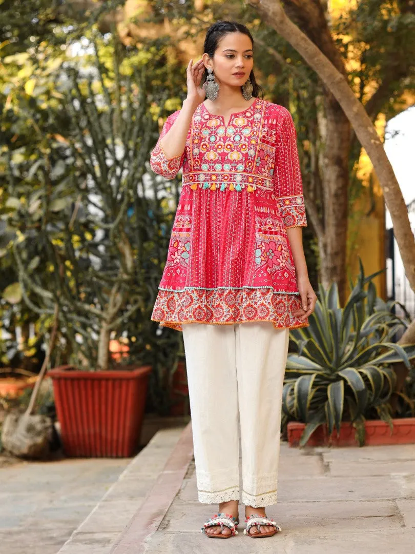 Women Pink Cotton Cambric Printed & Embroidered Tunic