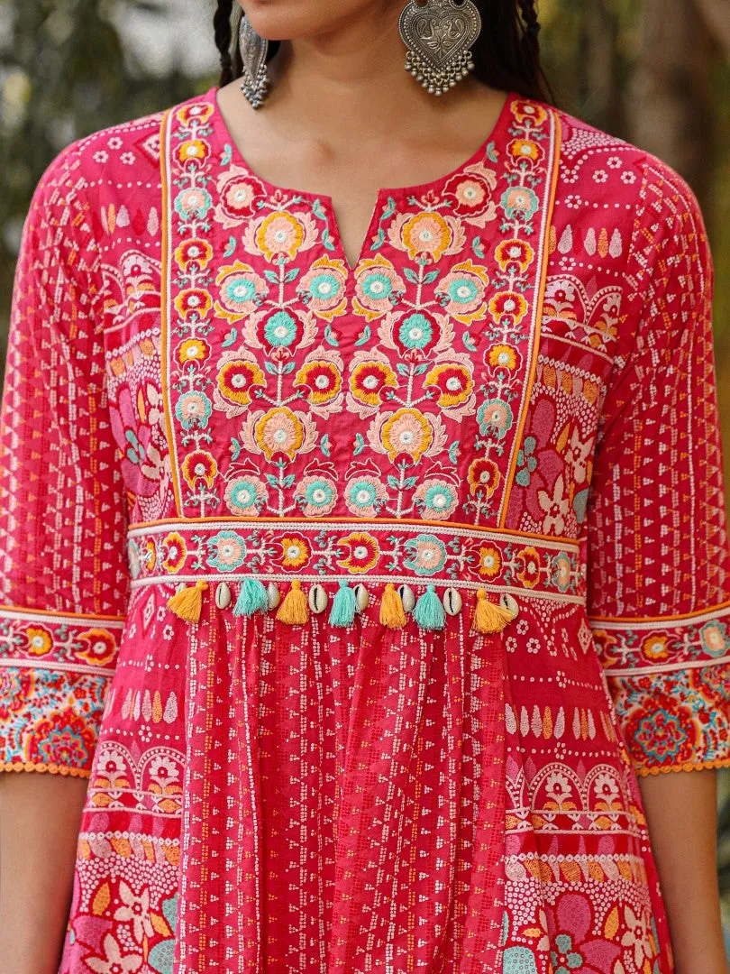 Women Pink Cotton Cambric Printed & Embroidered Tunic