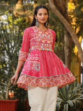 Women Pink Cotton Cambric Printed & Embroidered Tunic