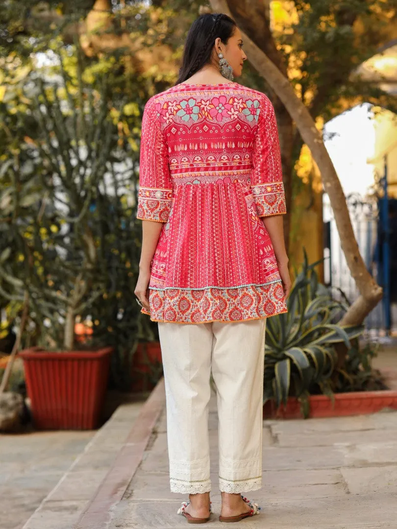 Women Pink Cotton Cambric Printed & Embroidered Tunic