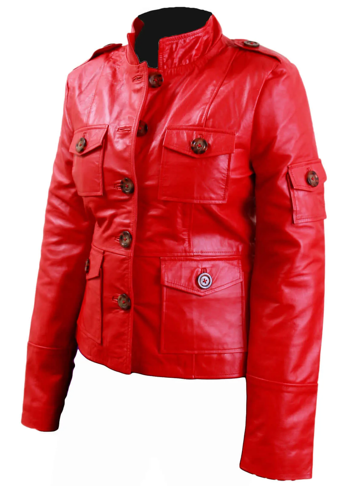 Women  Pink Leather Jacket,Front Four Pocket Stylish Button Jacket