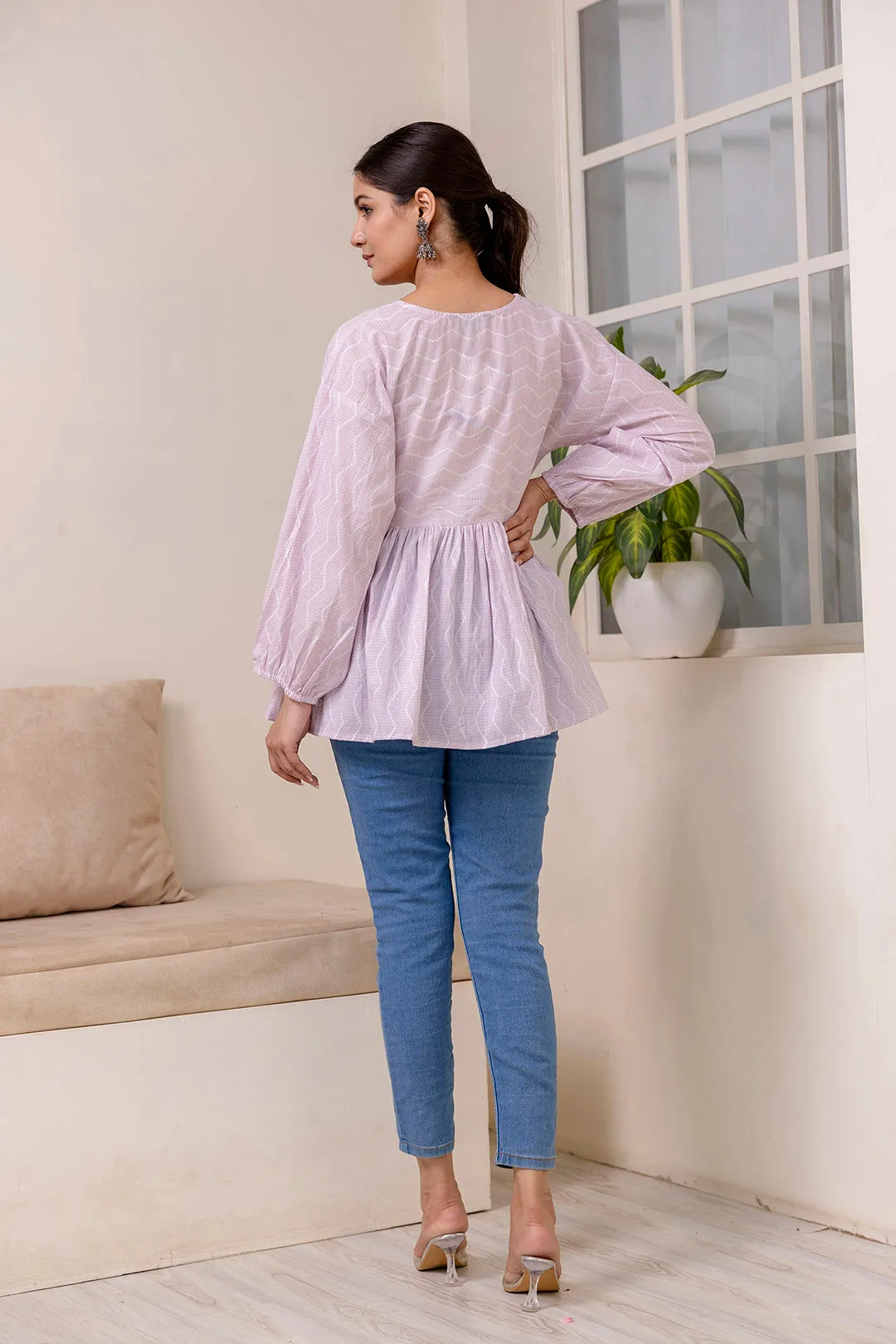 Women Pink Zig Zag Print V-Neck Peplum Tunic