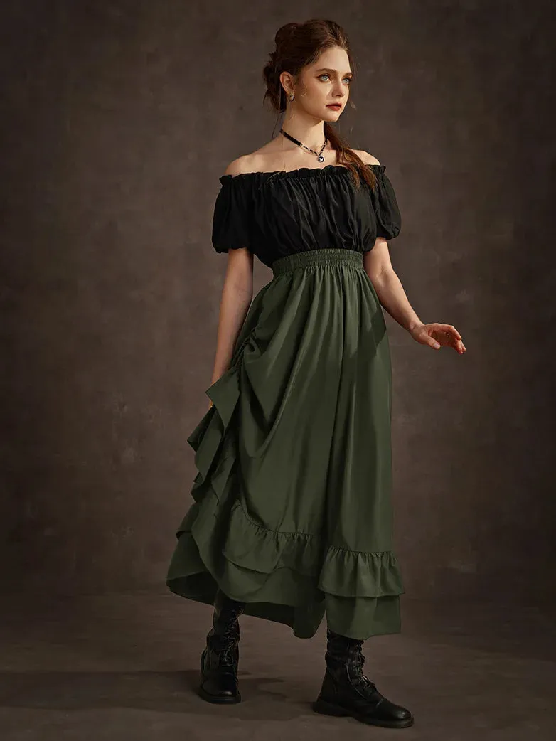 Women Ruffled High-Low 3 Ways Drawstring Skirt