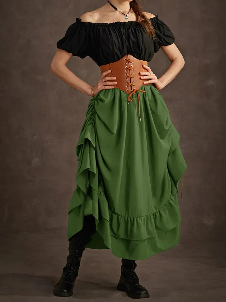 Women Ruffled High-Low 3 Ways Drawstring Skirt