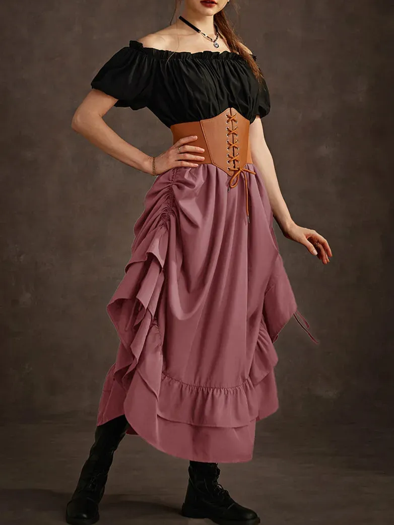 Women Ruffled High-Low 3 Ways Drawstring Skirt