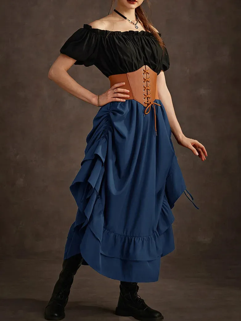 Women Ruffled High-Low 3 Ways Drawstring Skirt