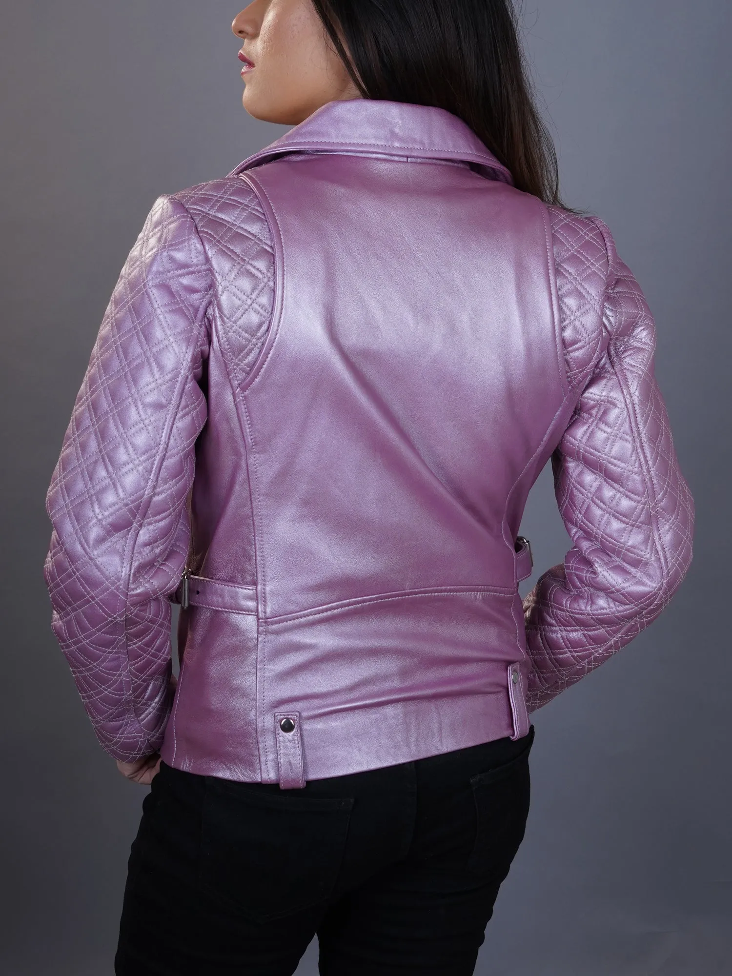 Womens Biker Pink Metallic Moto Leather Jacket