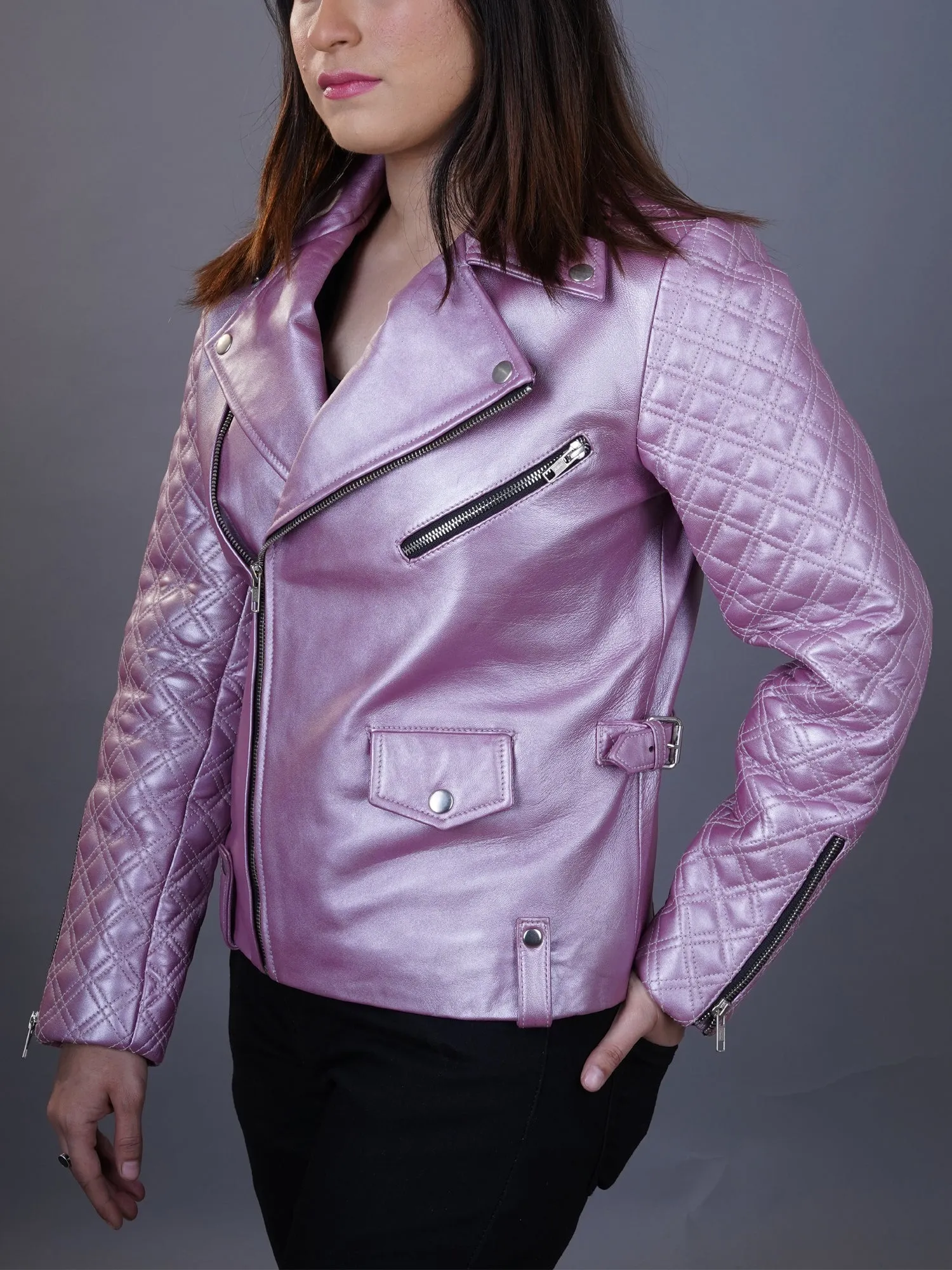 Womens Biker Pink Metallic Moto Leather Jacket