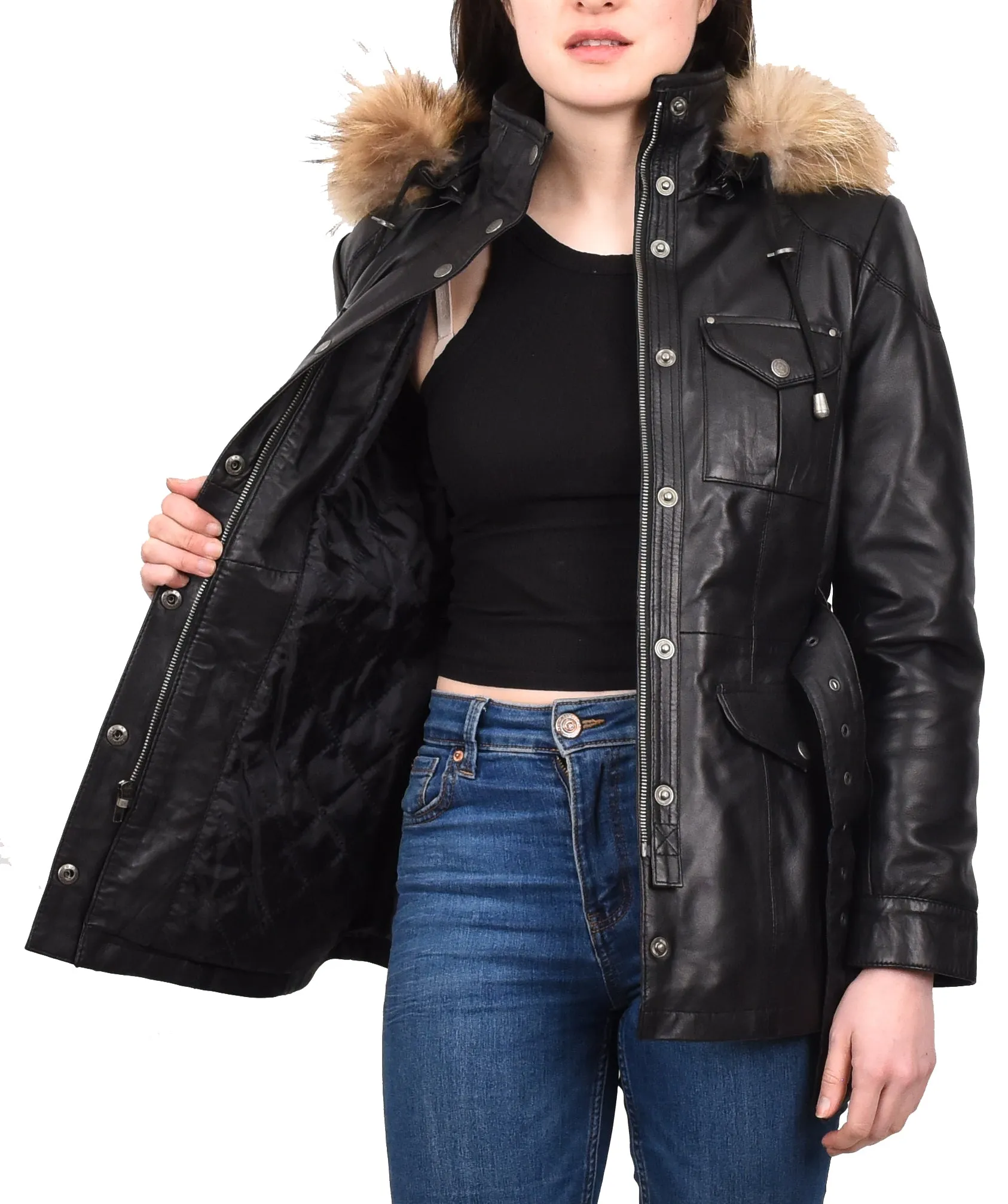 Women's Winter Warm Real Leather Hood Jacket Black Elara