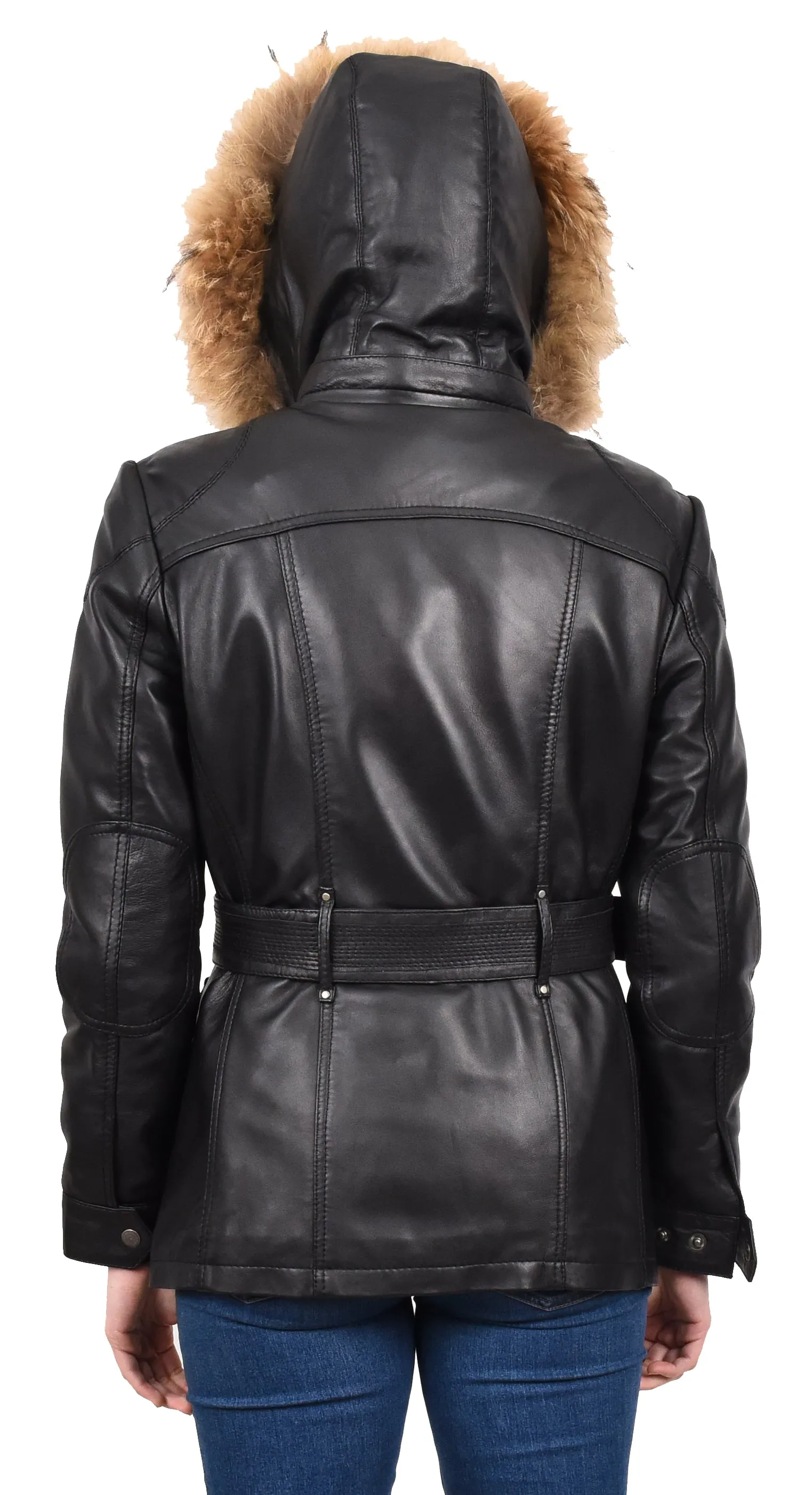 Women's Winter Warm Real Leather Hood Jacket Black Elara