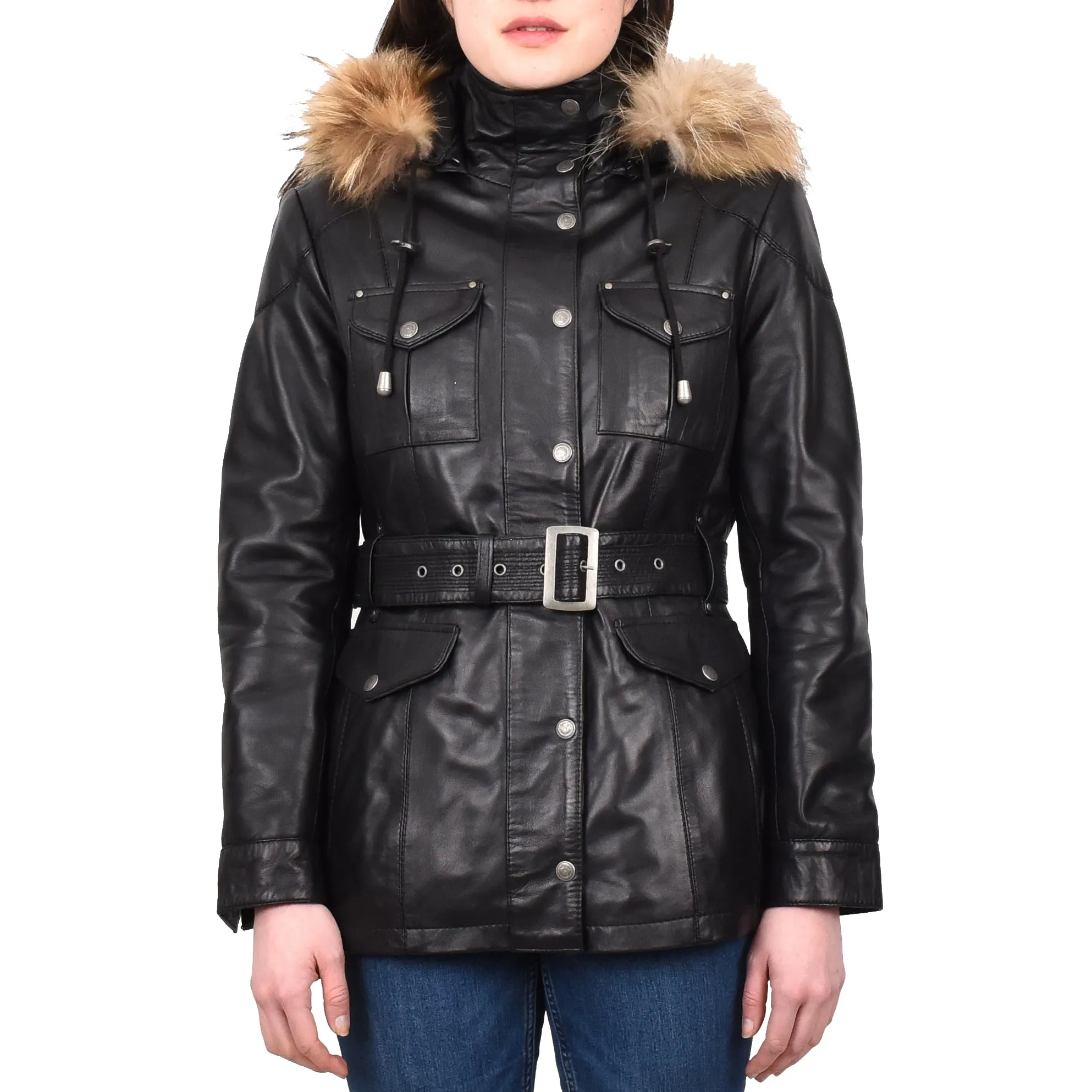 Women's Winter Warm Real Leather Hood Jacket Black Elara