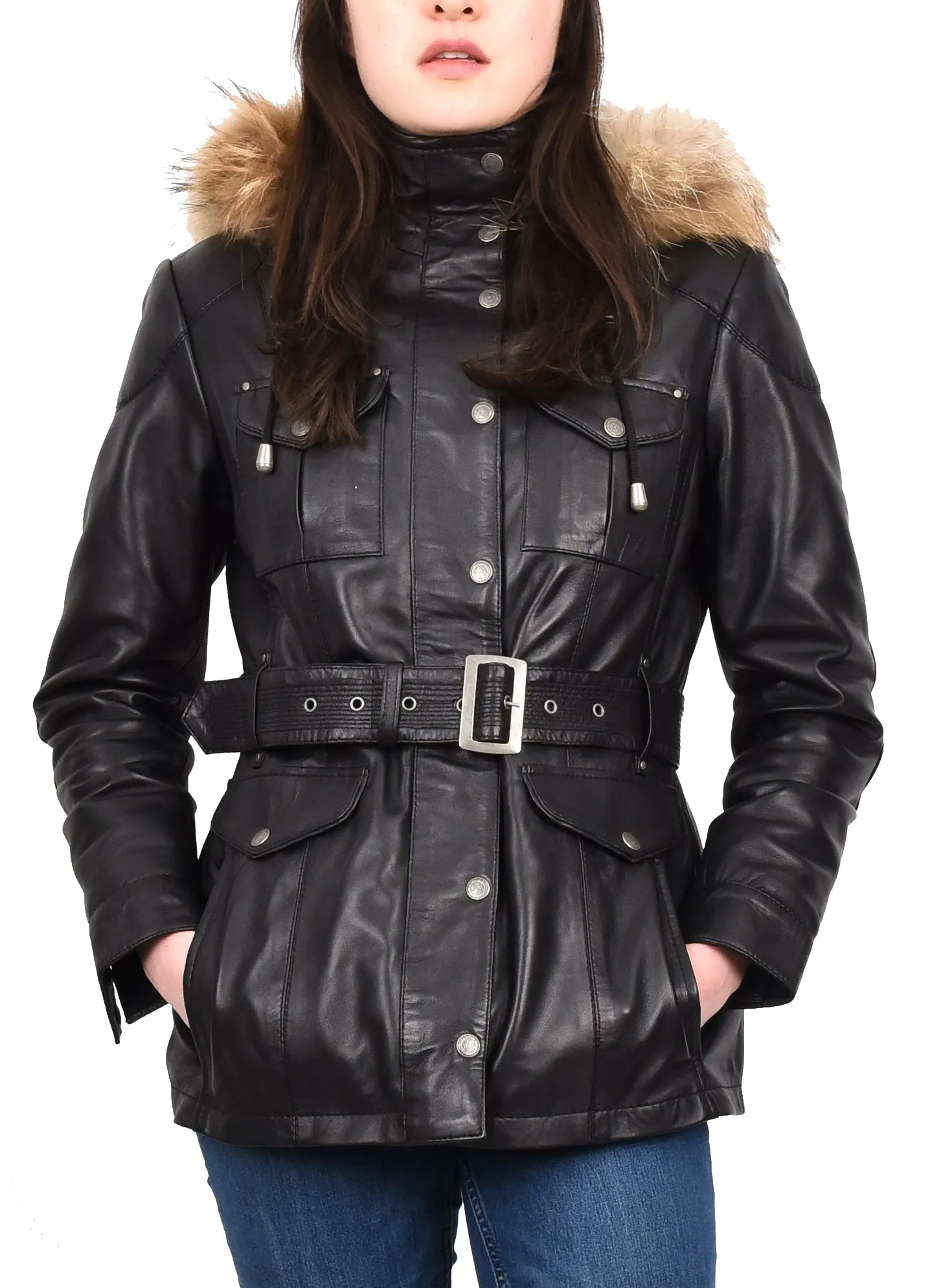 Women's Winter Warm Real Leather Hood Jacket Black Elara