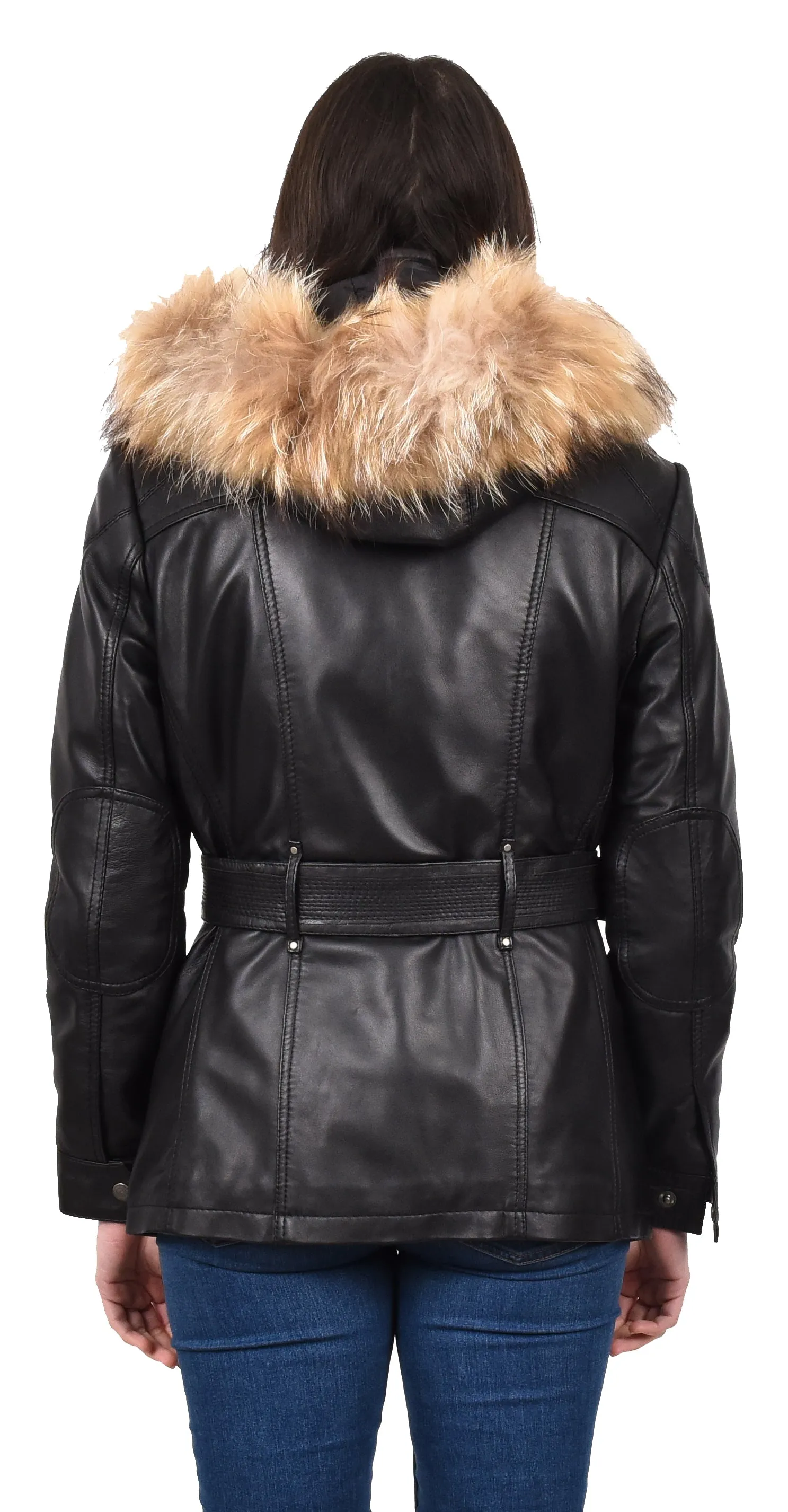 Women's Winter Warm Real Leather Hood Jacket Black Elara