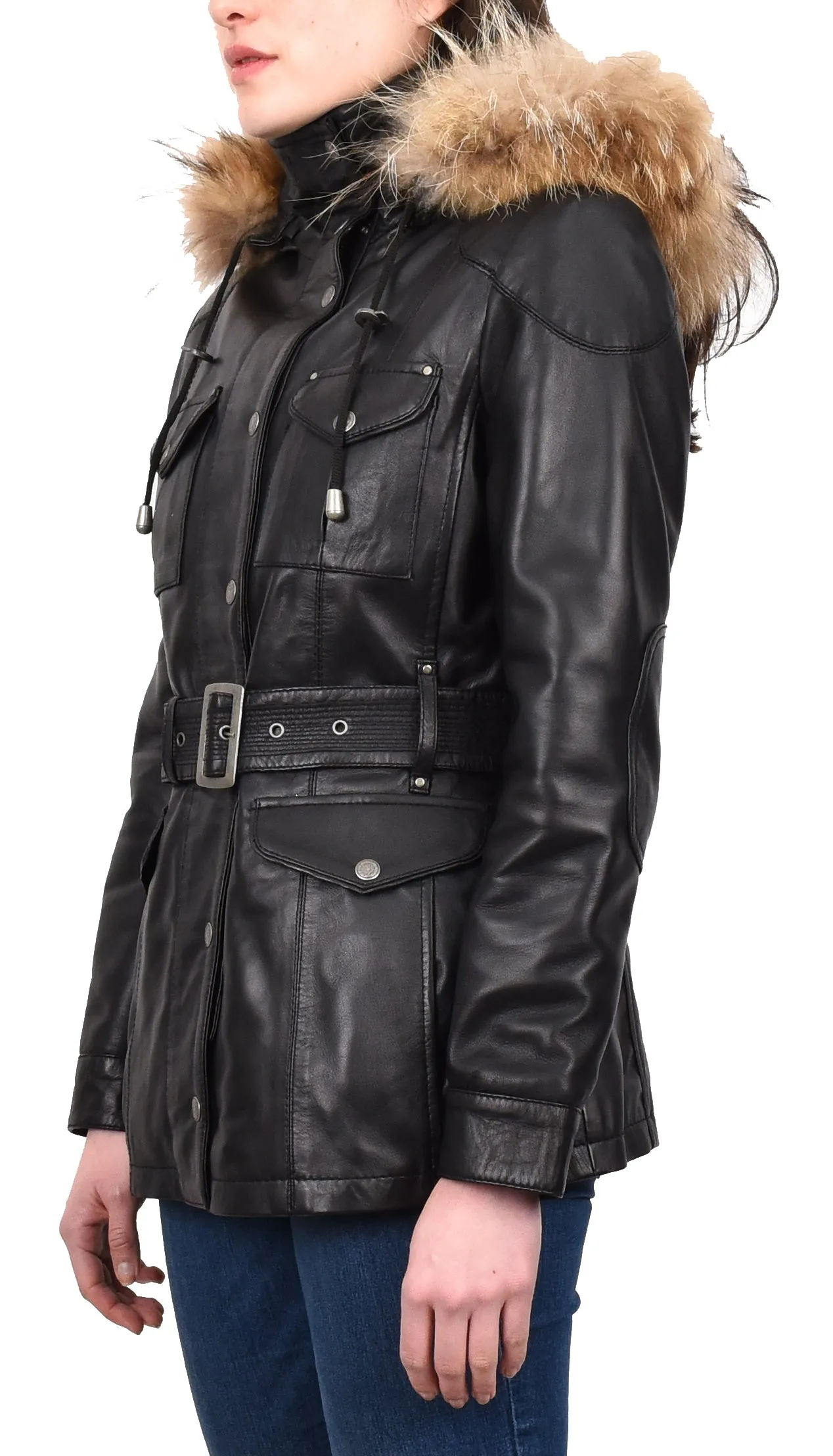 Women's Winter Warm Real Leather Hood Jacket Black Elara